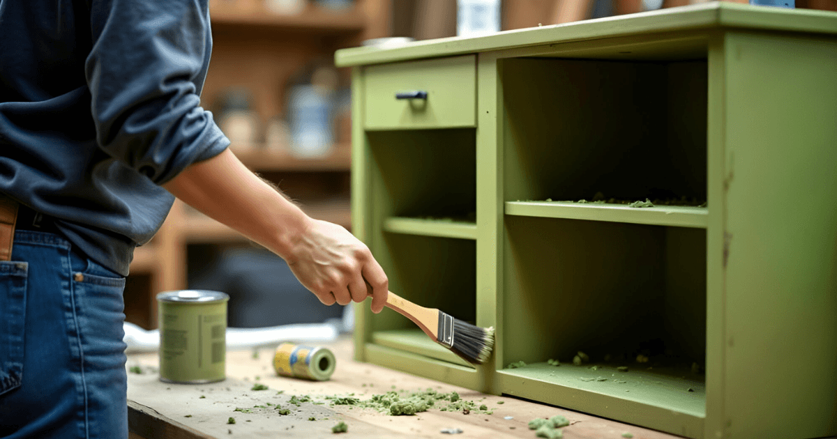 Person applies paint to green cabinet. Artisan works on wooden cabinet. Workshop environment shows home improvement.